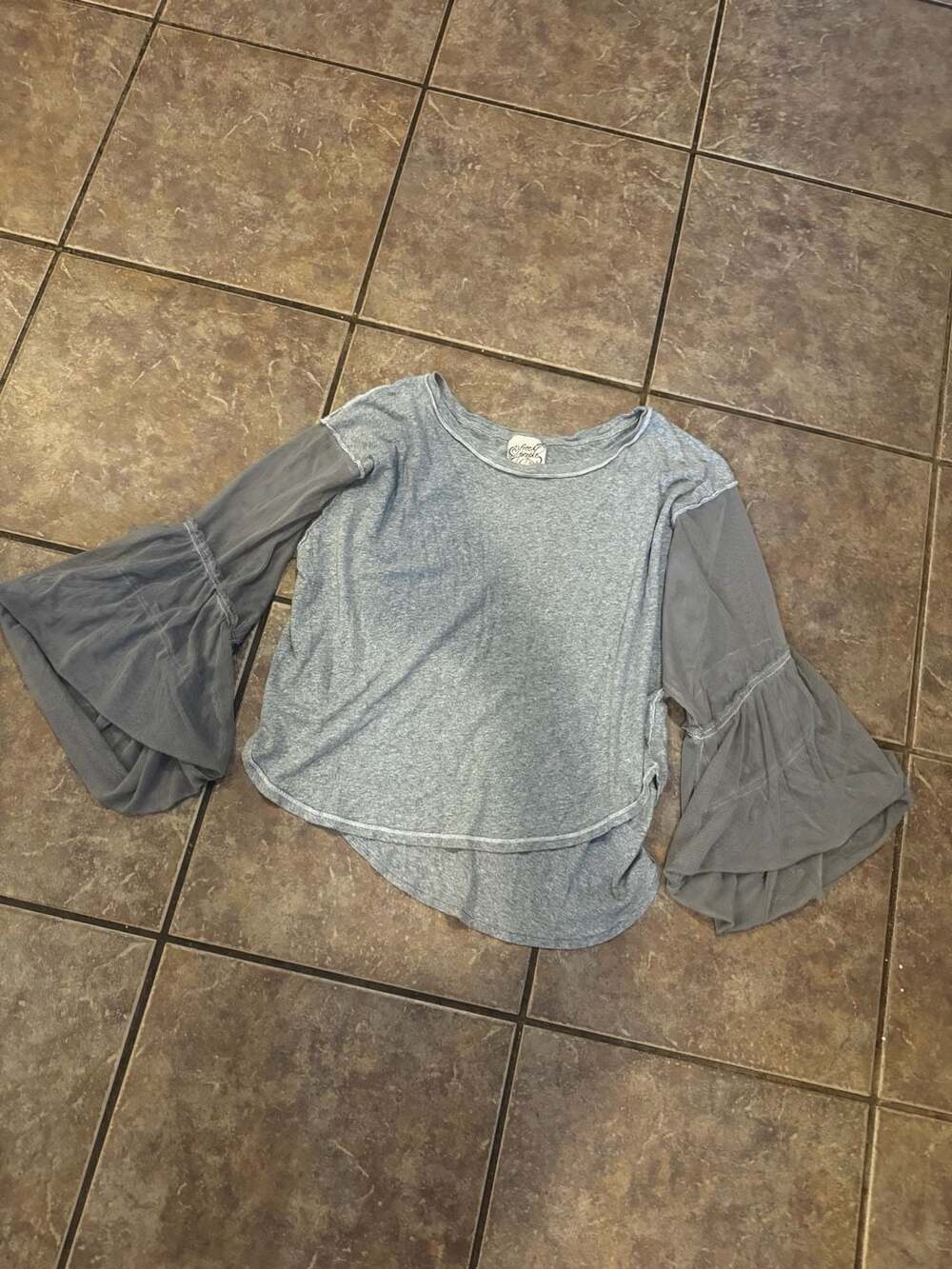 Free People Mesh Sleeve Top Size M Gray Blouse Long Bell Sleeve